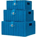 Set of 3 Woven Storage Basket Bin Wicker Hamper Stackable Box with Lid & Lock, Container Tote Cube Organizer for Nursery, Baby Toiletry, Diaper, Toys, Home Closet, Laundry, DVD, Book (Grey)
