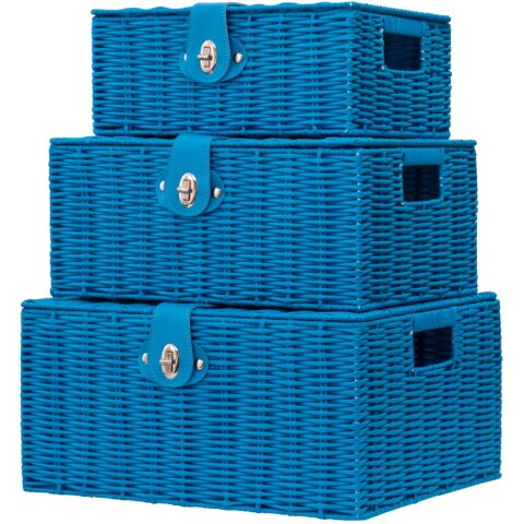 Set of 3 Woven Storage Basket Bin Wicker Hamper Stackable Box with Lid & Lock, Container Tote Cube Organizer for Nursery, Baby Toiletry, Diaper, Toys, Home Closet, Laundry, DVD, Book (Grey)