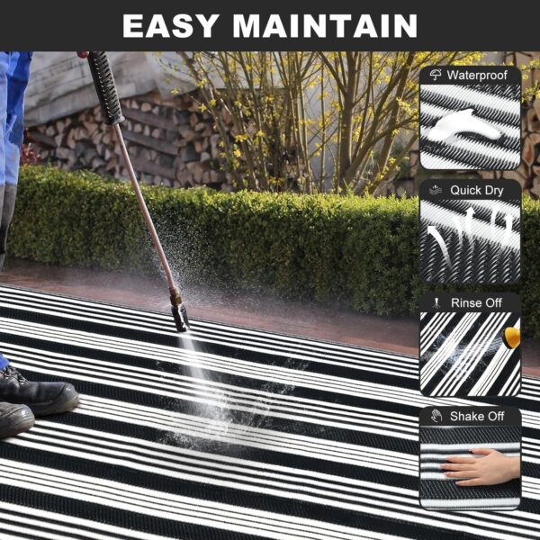 Outdoor Rug Waterproof for Patio Clearance Black and White Camping Rug 8x10 Plastic Straw Striped Floor Carpet for Backyard, Picnic, RV, Deck, Bench, Balcony