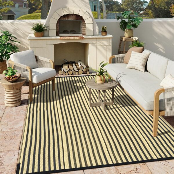 Outdoor Rug Waterproof for Patio Clearance Black and White Camping Rug 8x10 Plastic Straw Striped Floor Carpet for Backyard, Picnic, RV, Deck, Bench, Balcony