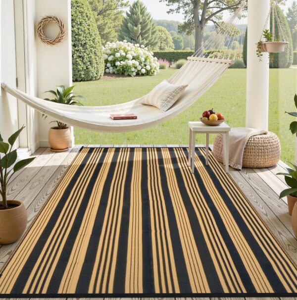 Outdoor Rug Waterproof for Patio Clearance Black and White Camping Rug 8x10 Plastic Straw Striped Floor Carpet for Backyard, Picnic, RV, Deck, Bench, Balcony