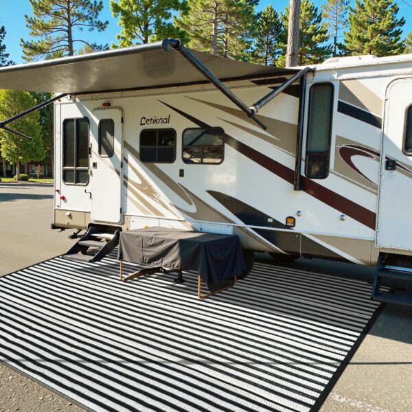Outdoor Rug Waterproof for Patio Clearance Black and White Camping Rug 8x10 Plastic Straw Striped Floor Carpet for Backyard, Picnic, RV, Deck, Bench, Balcony