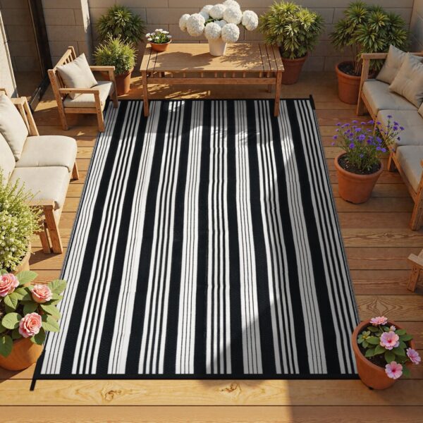 Outdoor Rug Waterproof for Patio Clearance Black and White Camping Rug 8x10 Plastic Straw Striped Floor Carpet for Backyard, Picnic, RV, Deck, Bench, Balcony