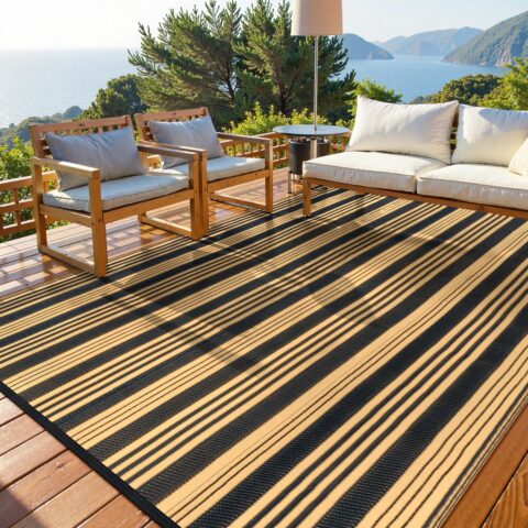 Outdoor Rug Waterproof for Patio Clearance Black and White Camping Rug 8x10 Plastic Straw Striped Floor Carpet for Backyard, Picnic, RV, Deck, Bench, Balcony