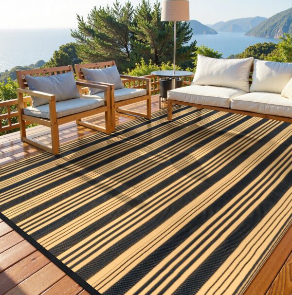 Outdoor Rug Waterproof for Patio Clearance Black and White Camping Rug 8x10 Plastic Straw Striped Floor Carpet for Backyard, Picnic, RV, Deck, Bench, Balcony