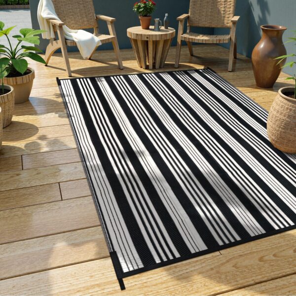Outdoor Rug Waterproof for Patio Clearance Black and White Camping Rug 8x10 Plastic Straw Striped Floor Carpet for Backyard, Picnic, RV, Deck, Bench, Balcony