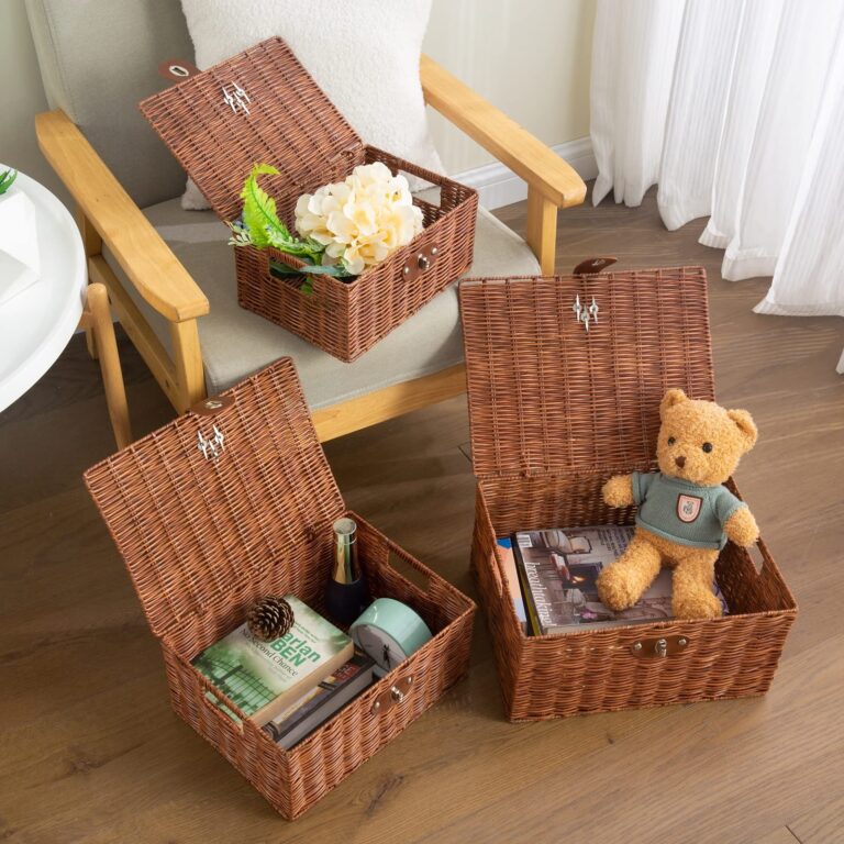 Set of 3 Woven Storage Basket Bin Wicker Hamper Stackable Box with Lid & Lock, Container Tote Cube Organizer for Nursery, Baby Toiletry, Diaper, Toys, Home Closet, Laundry, DVD, Book (Grey)