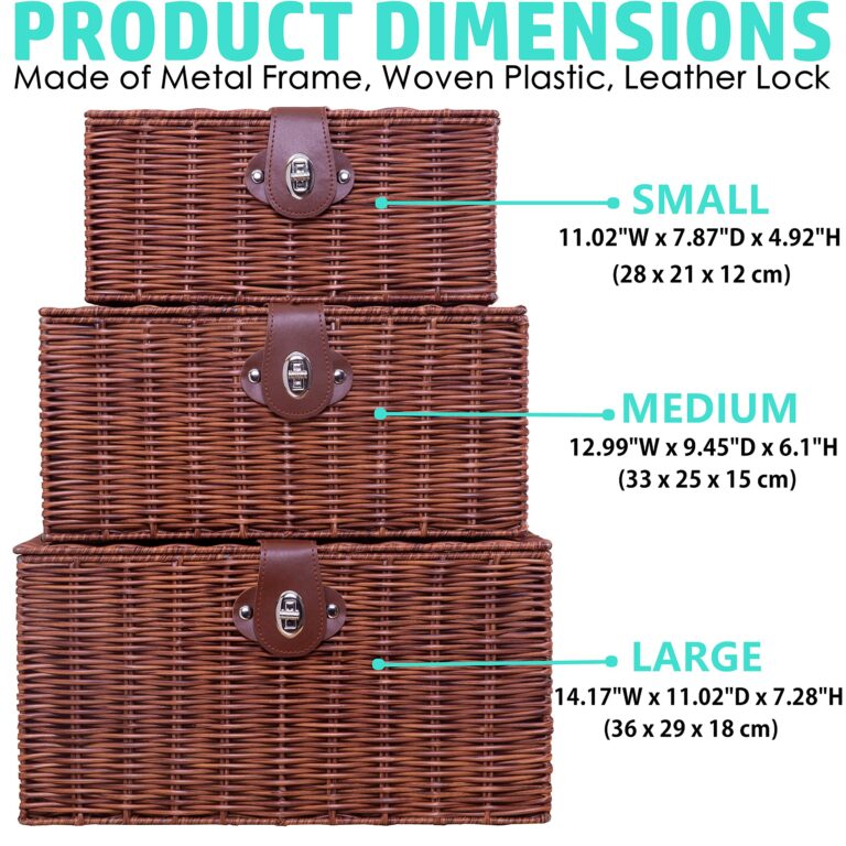 Set of 3 Woven Storage Basket Bin Wicker Hamper Stackable Box with Lid & Lock, Container Tote Cube Organizer for Nursery, Baby Toiletry, Diaper, Toys, Home Closet, Laundry, DVD, Book (Grey)