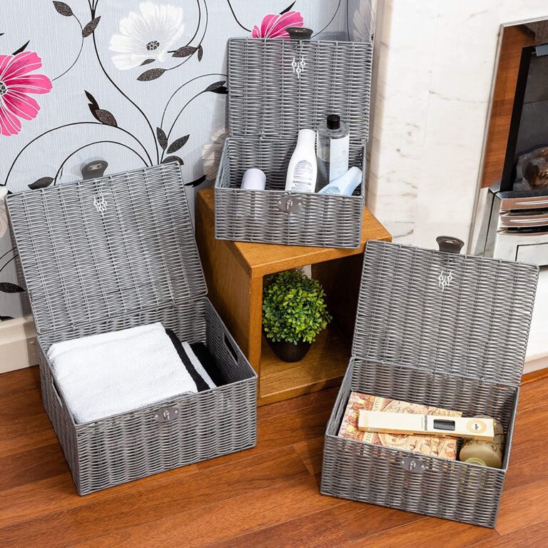 Set of 3 Woven Storage Basket Bin Wicker Hamper Stackable Box with Lid & Lock, Container Tote Cube Organizer for Nursery, Baby Toiletry, Diaper, Toys, Home Closet, Laundry, DVD, Book (Grey)
