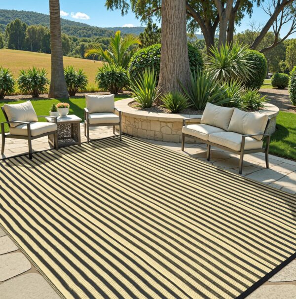Outdoor Rug Waterproof for Patio Clearance Black and White Camping Rug 8x10 Plastic Straw Striped Floor Carpet for Backyard, Picnic, RV, Deck, Bench, Balcony