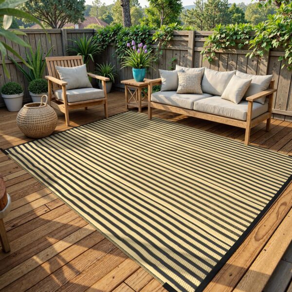 Outdoor Rug Waterproof for Patio Clearance Black and White Camping Rug 8x10 Plastic Straw Striped Floor Carpet for Backyard, Picnic, RV, Deck, Bench, Balcony