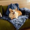 Waterproof Dog Blankets for Large Dogs - Cat Blanket for Bed Couch Protector Washable Long Faux Fur, Calming Soft Reversible Throw Furniture Protection for Puppy Pet, 60