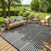 Outdoor Rug Waterproof for Patio Clearance Black and White Camping Rug 8x10 Plastic Straw Striped Floor Carpet for Backyard, Picnic, RV, Deck, Bench, Balcony