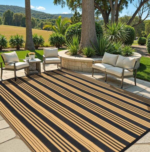 Outdoor Rug Waterproof for Patio Clearance Black and White Camping Rug 8x10 Plastic Straw Striped Floor Carpet for Backyard, Picnic, RV, Deck, Bench, Balcony