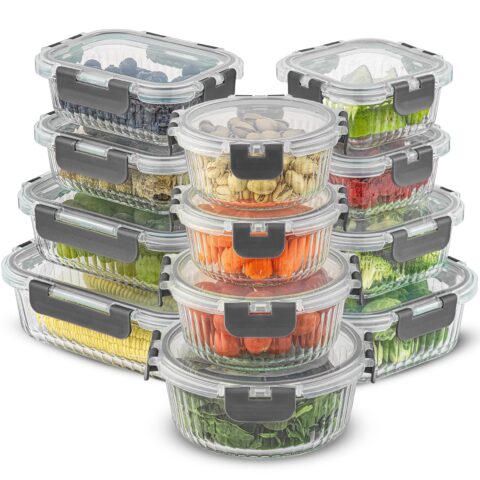 24pc Borosilicate Glass Storage Containers with Lids | 12 Airtight/Freezer Safe Food Storage Containers for Pantry and Kitchen | Meal Prep Container for Lunch | Glass Tupperware Set