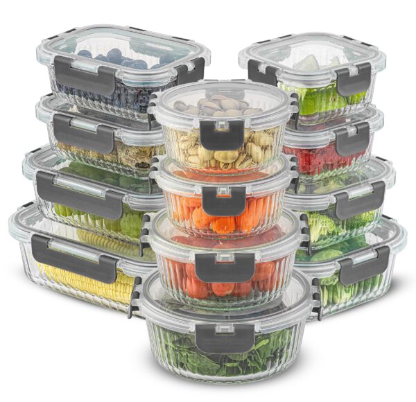24pc Borosilicate Glass Storage Containers with Lids | 12 Airtight/Freezer Safe Food Storage Containers for Pantry and Kitchen | Meal Prep Container for Lunch | Glass Tupperware Set