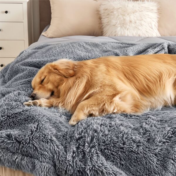 Waterproof Dog Blankets for Large Dogs - Cat Blanket for Bed Couch Protector Washable Long Faux Fur, Calming Soft Reversible Throw Furniture Protection for Puppy Pet, 60