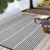 Outdoor Rug Waterproof for Patio Clearance Black and White Camping Rug 8x10 Plastic Straw Striped Floor Carpet for Backyard, Picnic, RV, Deck, Bench, Balcony