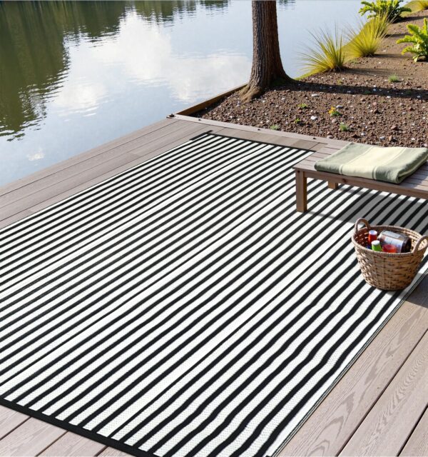 Outdoor Rug Waterproof for Patio Clearance Black and White Camping Rug 8x10 Plastic Straw Striped Floor Carpet for Backyard, Picnic, RV, Deck, Bench, Balcony