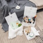 Set of 3 Woven Storage Basket Bin Wicker Hamper Stackable Box with Lid & Lock, Container Tote Cube Organizer for Nursery, Baby Toiletry, Diaper, Toys, Home Closet, Laundry, DVD, Book (Grey)