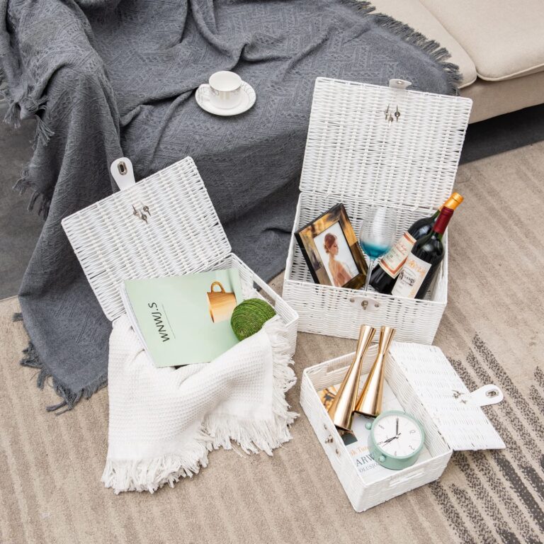 Set of 3 Woven Storage Basket Bin Wicker Hamper Stackable Box with Lid & Lock, Container Tote Cube Organizer for Nursery, Baby Toiletry, Diaper, Toys, Home Closet, Laundry, DVD, Book (Grey)