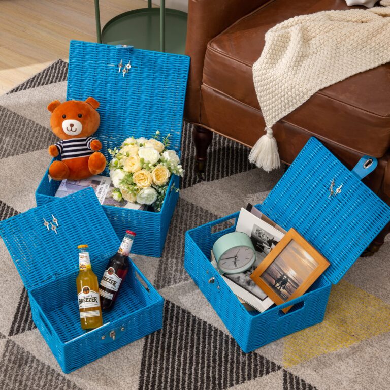 Set of 3 Woven Storage Basket Bin Wicker Hamper Stackable Box with Lid & Lock, Container Tote Cube Organizer for Nursery, Baby Toiletry, Diaper, Toys, Home Closet, Laundry, DVD, Book (Grey)
