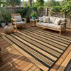 Outdoor Rug Waterproof for Patio Clearance Black and White Camping Rug 8x10 Plastic Straw Striped Floor Carpet for Backyard, Picnic, RV, Deck, Bench, Balcony