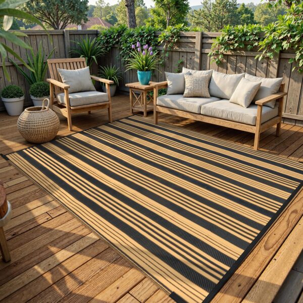 Outdoor Rug Waterproof for Patio Clearance Black and White Camping Rug 8x10 Plastic Straw Striped Floor Carpet for Backyard, Picnic, RV, Deck, Bench, Balcony