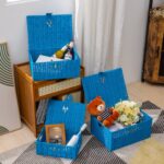 Set of 3 Woven Storage Basket Bin Wicker Hamper Stackable Box with Lid & Lock, Container Tote Cube Organizer for Nursery, Baby Toiletry, Diaper, Toys, Home Closet, Laundry, DVD, Book (Grey)