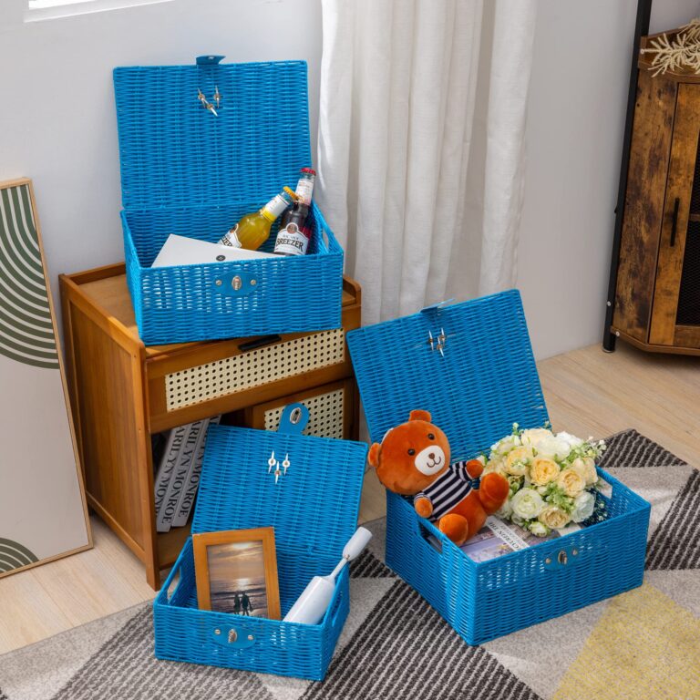 Set of 3 Woven Storage Basket Bin Wicker Hamper Stackable Box with Lid & Lock, Container Tote Cube Organizer for Nursery, Baby Toiletry, Diaper, Toys, Home Closet, Laundry, DVD, Book (Grey)