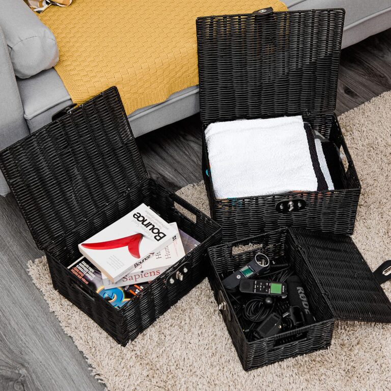 Set of 3 Woven Storage Basket Bin Wicker Hamper Stackable Box with Lid & Lock, Container Tote Cube Organizer for Nursery, Baby Toiletry, Diaper, Toys, Home Closet, Laundry, DVD, Book (Grey)