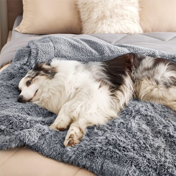 Waterproof Dog Blankets for Large Dogs - Cat Blanket for Bed Couch Protector Washable Long Faux Fur, Calming Soft Reversible Throw Furniture Protection for Puppy Pet, 60