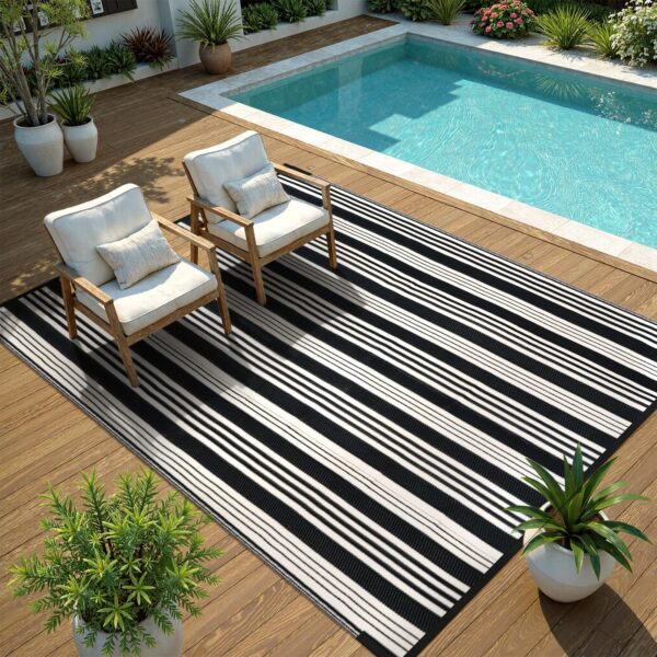 Outdoor Rug Waterproof for Patio Clearance Black and White Camping Rug 8x10 Plastic Straw Striped Floor Carpet for Backyard, Picnic, RV, Deck, Bench, Balcony
