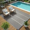 Outdoor Rug Waterproof for Patio Clearance Black and White Camping Rug 8x10 Plastic Straw Striped Floor Carpet for Backyard, Picnic, RV, Deck, Bench, Balcony