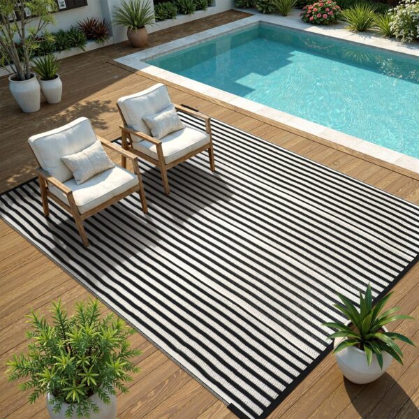 Outdoor Rug Waterproof for Patio Clearance Black and White Camping Rug 8x10 Plastic Straw Striped Floor Carpet for Backyard, Picnic, RV, Deck, Bench, Balcony