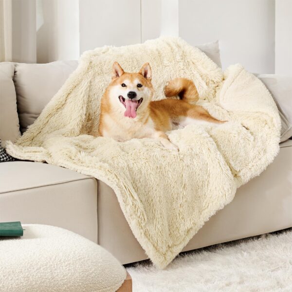 Waterproof Dog Blankets for Large Dogs - Cat Blanket for Bed Couch Protector Washable Long Faux Fur, Calming Soft Reversible Throw Furniture Protection for Puppy Pet, 60