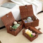 Set of 3 Woven Storage Basket Bin Wicker Hamper Stackable Box with Lid & Lock, Container Tote Cube Organizer for Nursery, Baby Toiletry, Diaper, Toys, Home Closet, Laundry, DVD, Book (Grey)