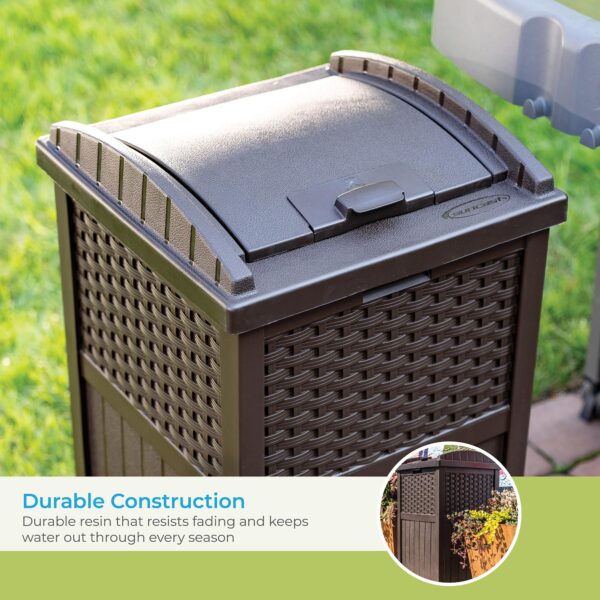 Suncast 33 Gallon Commercial Outdoor Trashcan Hideaway with Lid for 30 to 33 Gallon Trash Bags for Garage, Backyard, or Garden, Brown