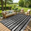Outdoor Rug Waterproof for Patio Clearance Black and White Camping Rug 8x10 Plastic Straw Striped Floor Carpet for Backyard, Picnic, RV, Deck, Bench, Balcony