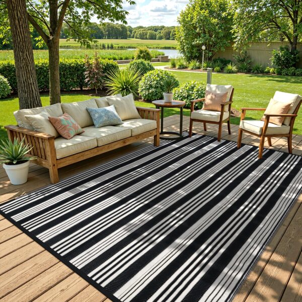 Outdoor Rug Waterproof for Patio Clearance Black and White Camping Rug 8x10 Plastic Straw Striped Floor Carpet for Backyard, Picnic, RV, Deck, Bench, Balcony