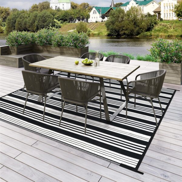 Outdoor Rug Waterproof for Patio Clearance Black and White Camping Rug 8x10 Plastic Straw Striped Floor Carpet for Backyard, Picnic, RV, Deck, Bench, Balcony