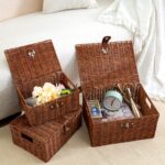 Set of 3 Woven Storage Basket Bin Wicker Hamper Stackable Box with Lid & Lock, Container Tote Cube Organizer for Nursery, Baby Toiletry, Diaper, Toys, Home Closet, Laundry, DVD, Book (Grey)