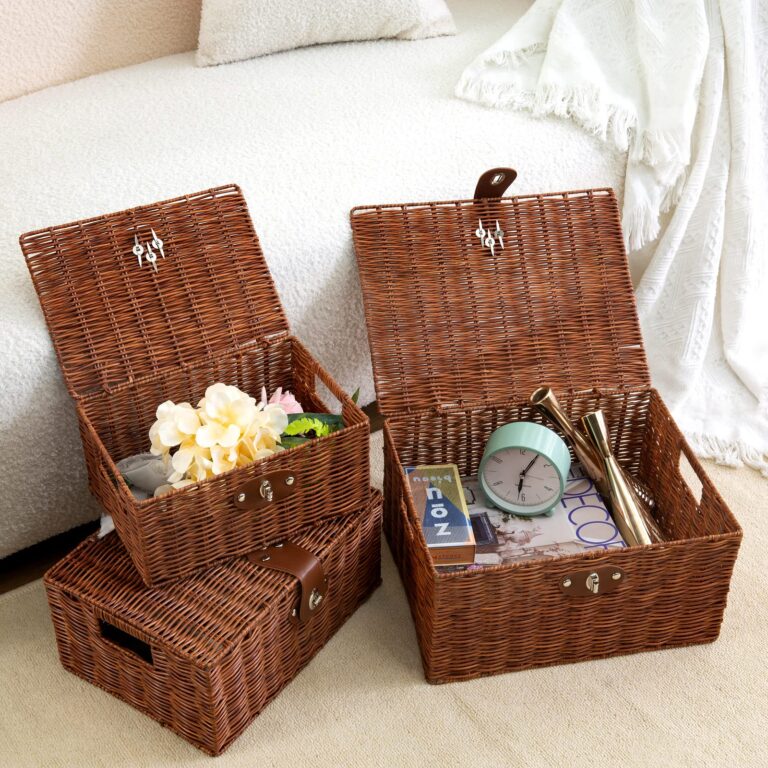 Set of 3 Woven Storage Basket Bin Wicker Hamper Stackable Box with Lid & Lock, Container Tote Cube Organizer for Nursery, Baby Toiletry, Diaper, Toys, Home Closet, Laundry, DVD, Book (Grey)