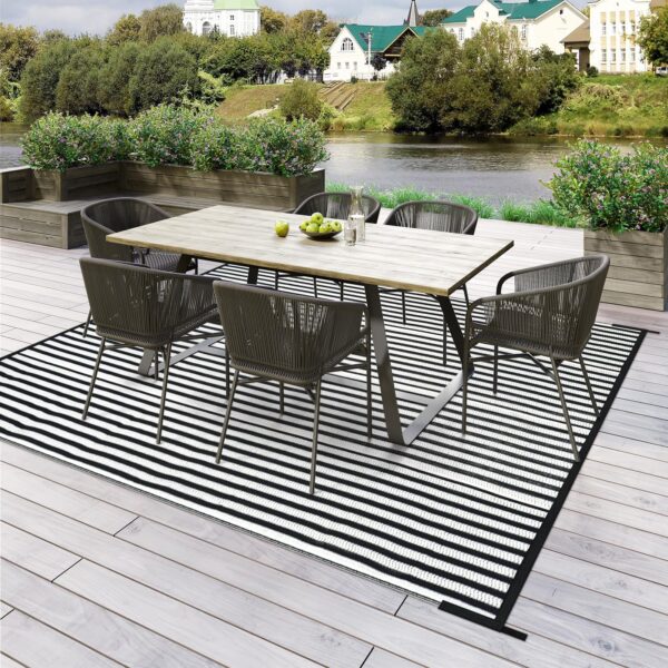 Outdoor Rug Waterproof for Patio Clearance Black and White Camping Rug 8x10 Plastic Straw Striped Floor Carpet for Backyard, Picnic, RV, Deck, Bench, Balcony