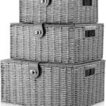 Set of 3 Woven Storage Basket Bin Wicker Hamper Stackable Box with Lid & Lock, Container Tote Cube Organizer for Nursery, Baby Toiletry, Diaper, Toys, Home Closet, Laundry, DVD, Book (Grey)