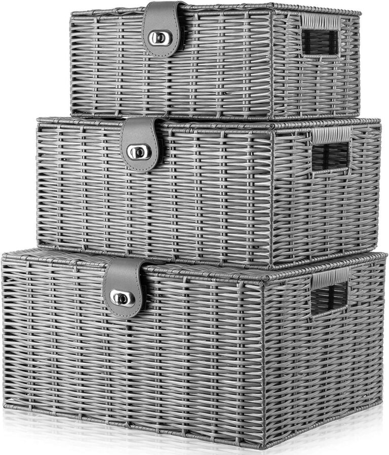 Set of 3 Woven Storage Basket Bin Wicker Hamper Stackable Box with Lid & Lock, Container Tote Cube Organizer for Nursery, Baby Toiletry, Diaper, Toys, Home Closet, Laundry, DVD, Book (Grey)