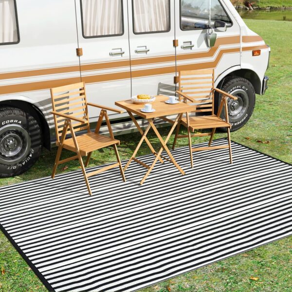 Outdoor Rug Waterproof for Patio Clearance Black and White Camping Rug 8x10 Plastic Straw Striped Floor Carpet for Backyard, Picnic, RV, Deck, Bench, Balcony
