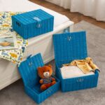 Set of 3 Woven Storage Basket Bin Wicker Hamper Stackable Box with Lid & Lock, Container Tote Cube Organizer for Nursery, Baby Toiletry, Diaper, Toys, Home Closet, Laundry, DVD, Book (Grey)