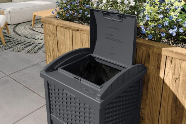Suncast 33 Gallon Commercial Outdoor Trashcan Hideaway with Lid for 30 to 33 Gallon Trash Bags for Garage, Backyard, or Garden, Brown