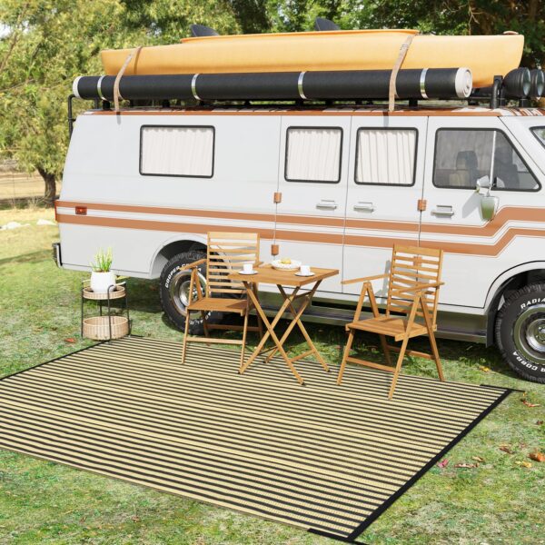 Outdoor Rug Waterproof for Patio Clearance Black and White Camping Rug 8x10 Plastic Straw Striped Floor Carpet for Backyard, Picnic, RV, Deck, Bench, Balcony